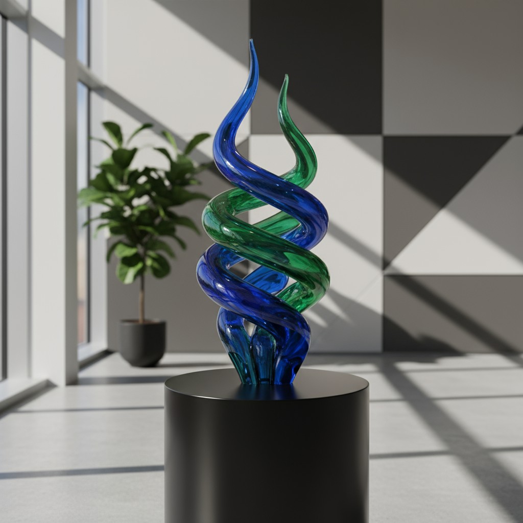 A stylized item made of glass or a similar material is displayed on a pedestal. The object’s base and double twisting side...
