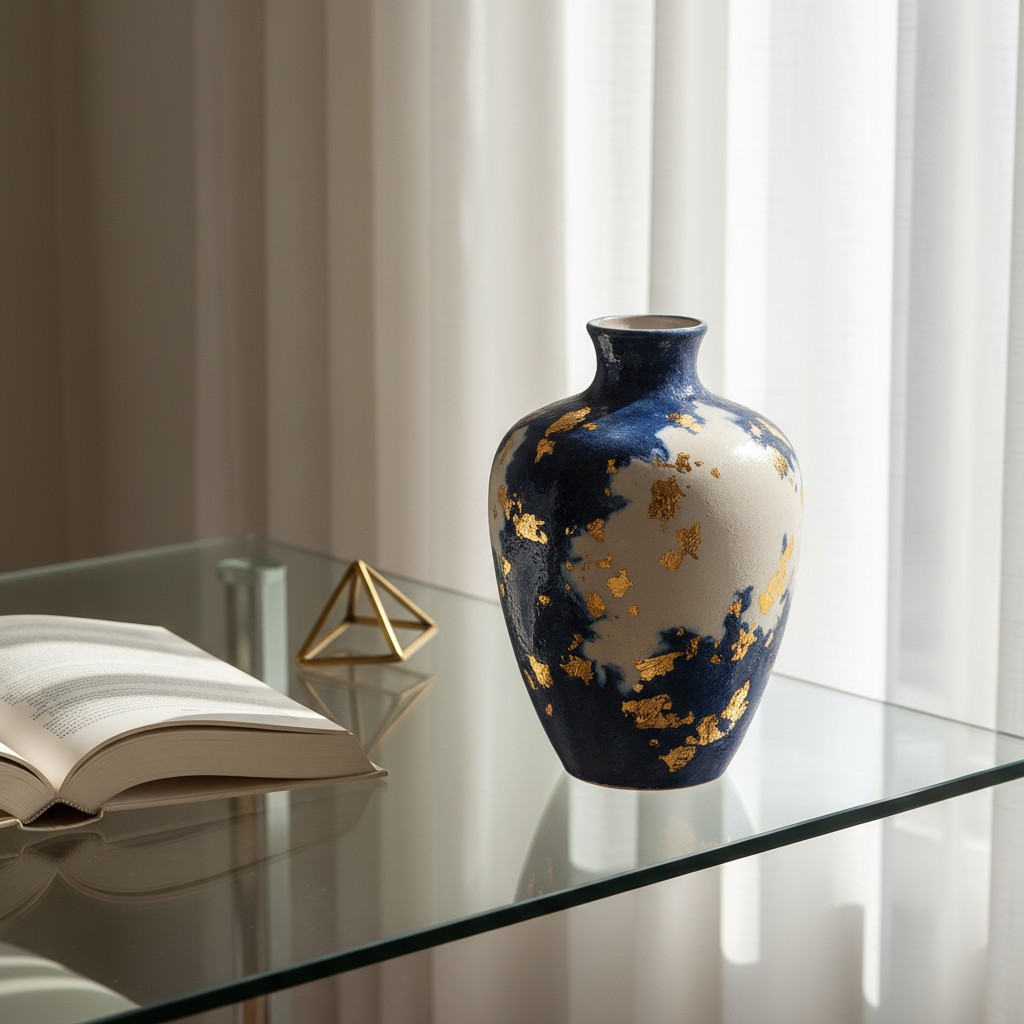 A modern vase with gold and blue accents, grayish wide rounded bottom and narrow top with a book and crystal shapes on gla...