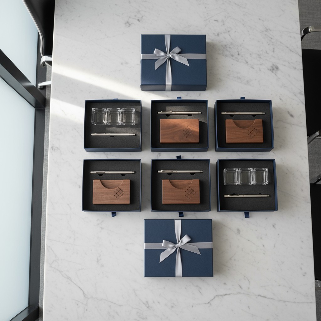 A collection of six gift sets of wood and metal objects in gray boxes, tied with a bow and placed on a white marble desk.