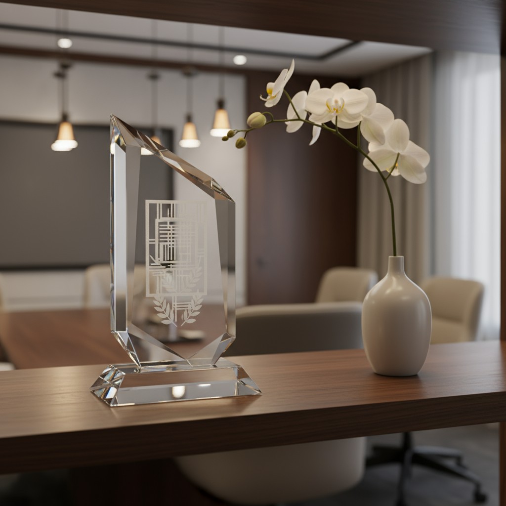 A clear glass award with an etching at the base, sitting on a wooden table with a white flower in a vase beside it.