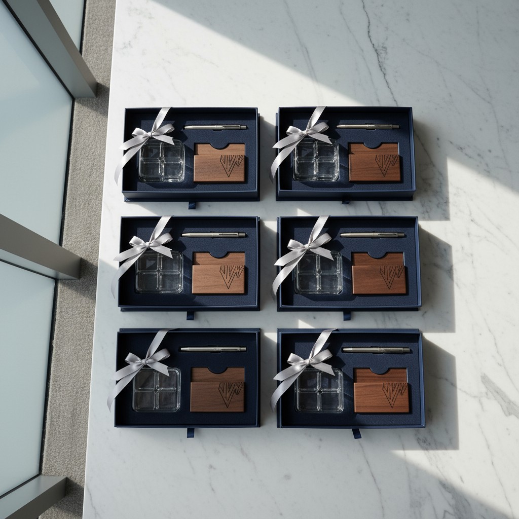 A collection of six gift boxes, arranged in two rows of three on a white marble table. Each rectangular navy-blue box cont...