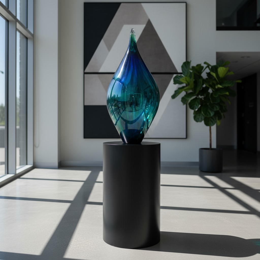 Art glass sculpture on a pedestal in an art gallery, with other glass art on display.